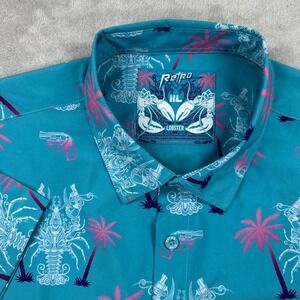 Retro Rifle Lobster Button Up Shirt Mens XL Teal Pink Revolver Palm Tree Stretch